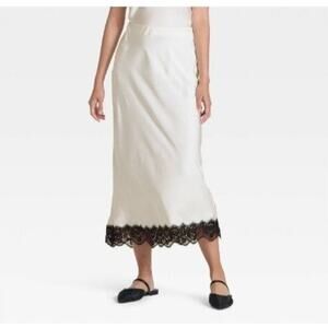 #45 MSRP $35 NWT A NEW DAY CREAM SATIN LACE TRIM MIDI SKIRT ♡SIZE SMALL♡
